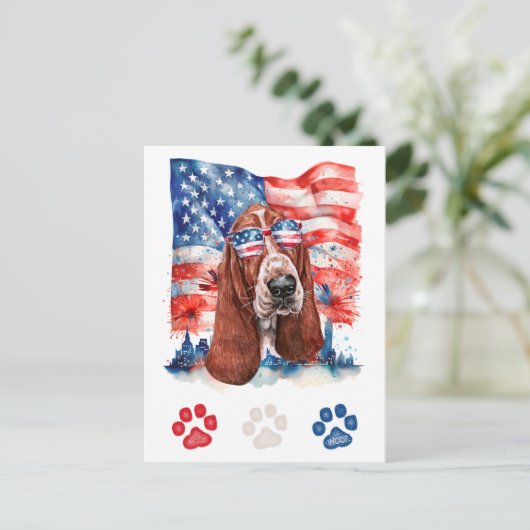 Rood Wit en Blauw Basset Hound Hond 4 juli Feestdagenkaart (Staand voorkant)