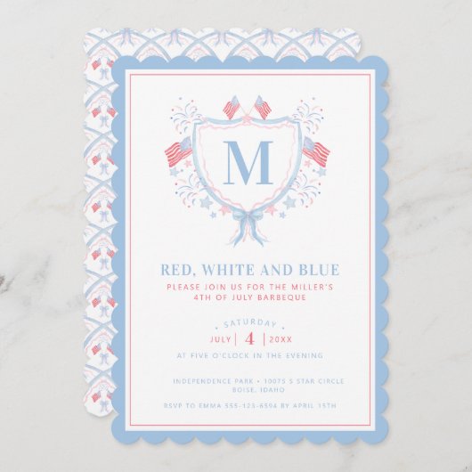 Rood, Wit en Blauw BBQ 4 juli Monogram Crest Kaart (Voorkant / Achterkant)