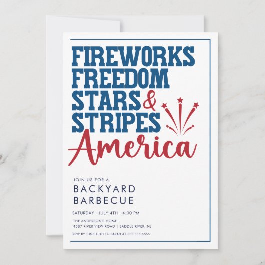 Rood Wit en Blauw BBQ Party Uitnodiging (Voorkant)