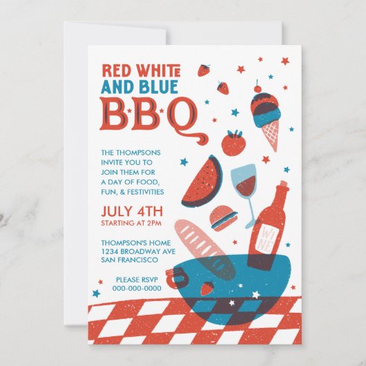 Rood, Wit en Blauw BBQ Vierde van Juli Feest Kaart (Voorkant)