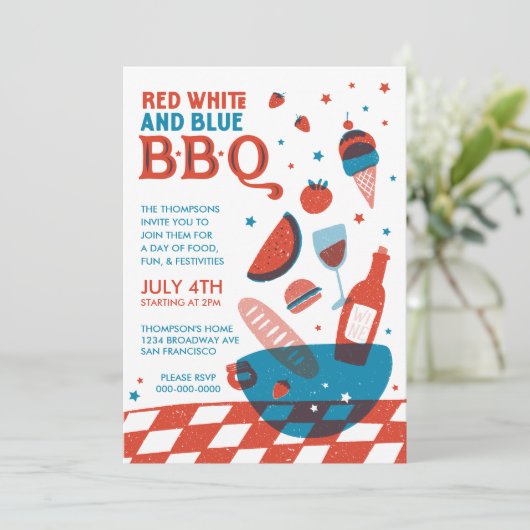 Rood, Wit en Blauw BBQ Vierde van Juli Feest Kaart (Staand voorkant)