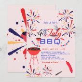 Rood Wit en Blauw BBQ Vuurwerk 4th van Juli Feest Kaart (Voorkant / Achterkant)