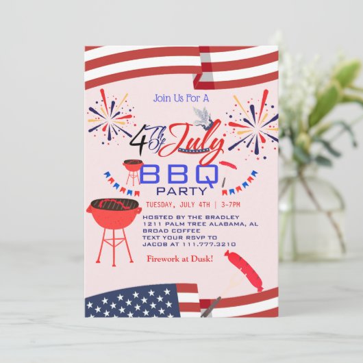 Rood Wit en Blauw BBQ Vuurwerk 4th van Juli Feest Kaart (Staand voorkant)