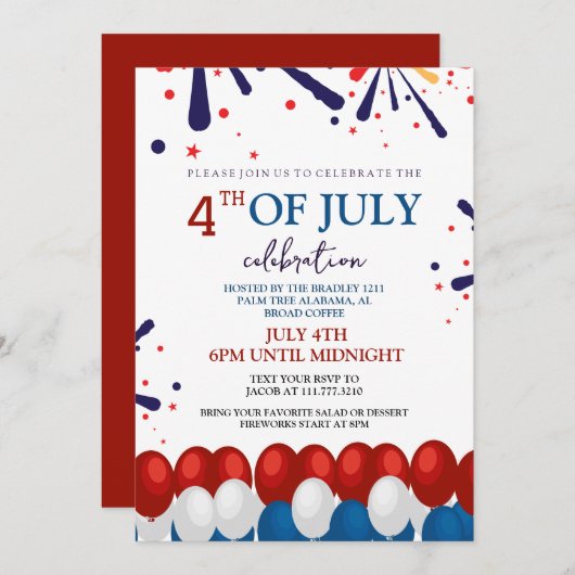 Rood Wit en Blauw BBQ Vuurwerk 4th van Juli Feest Kaart (Voorkant / Achterkant)