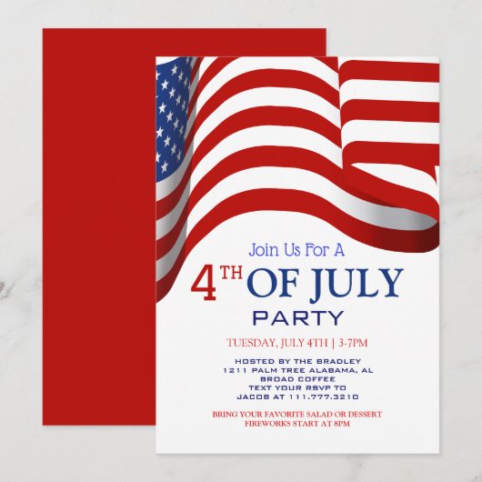 Rood Wit en Blauw BBQ Vuurwerk 4th van Juli Feest Kaart (Voorkant / Achterkant)