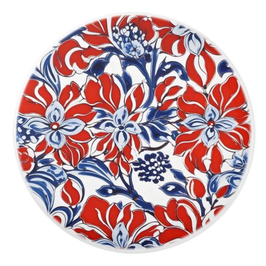 Rood, Wit en Blauw Bloemen Aangepaste Keramische K Knop (Voorkant)