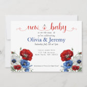 Rood Wit en Blauw Bloemen Baby shower Kaart (Voorkant)