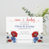 Rood Wit en Blauw Bloemen Baby shower Kaart (Staand voorkant)