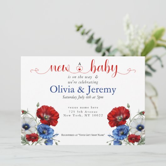 Rood Wit en Blauw Bloemen Baby shower Kaart (Staand voorkant)