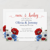 Rood Wit en Blauw Bloemen Baby shower Kaart (Voorkant / Achterkant)