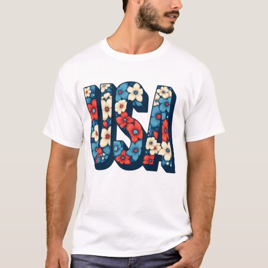  Rood, Wit en Blauw Bloemen USA T-shirt (Voorkant)