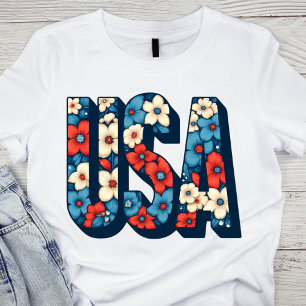  Rood, Wit en Blauw Bloemen USA T-shirt