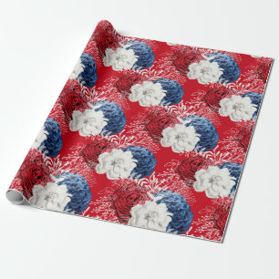 Rood, Wit en Blauw Bloemmotief USA Patroon Cadeaupapier