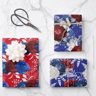 Rood, Wit en Blauw Bloemmotief USA Patroon Inpakpapier Vel
