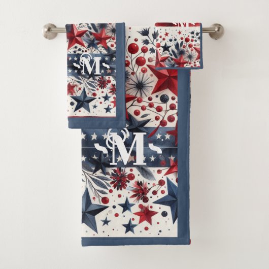 Rood wit en blauw Boho Stars & Stripes Monogram Bad Handdoek (Insitu)