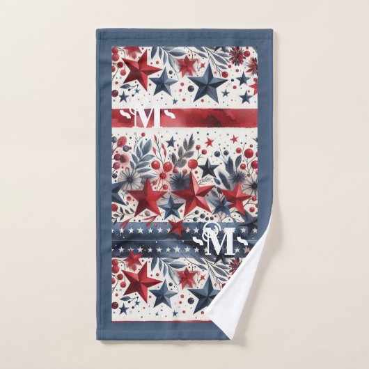 Rood wit en blauw Boho Stars & Stripes Monogram Bad Handdoek (Handdoek)