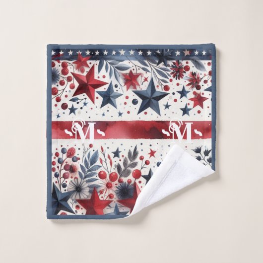 Rood wit en blauw Boho Stars & Stripes Monogram Bad Handdoek (Wasdoekje)