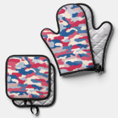 Rood wit en blauw Camouflage Ovenwant & Pannenlap Set (Voorkant / Achterkant)