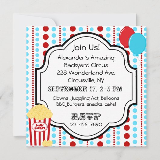 Rood, Wit en Blauw Circus Verjaardagsuitnodigingen Kaart (Achterkant)