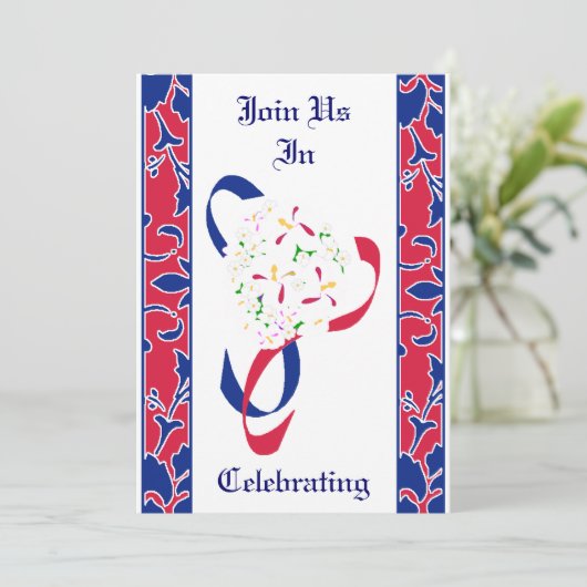 Rood, wit en blauw, Damask Wedding Kaart (Staand voorkant)