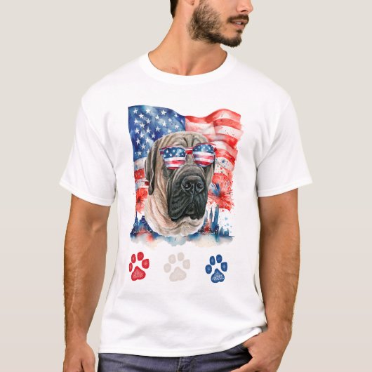 Rood Wit en Blauw Engels Mastiff Dog 4 juli T-shirt (Voorkant)
