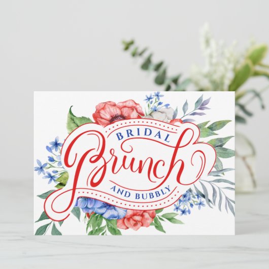 Rood wit en blauw Floral | Brunch & Bubble Kaart (Staand voorkant)