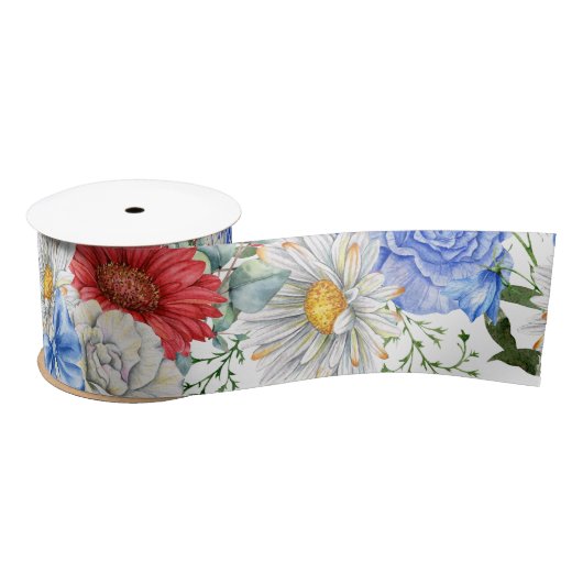 Rood wit en blauw Floral Satijnen Lint (Spoel)
