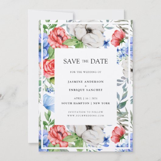 Rood wit en blauw | Floral Save the Date Invitati Kaart (Achterkant)
