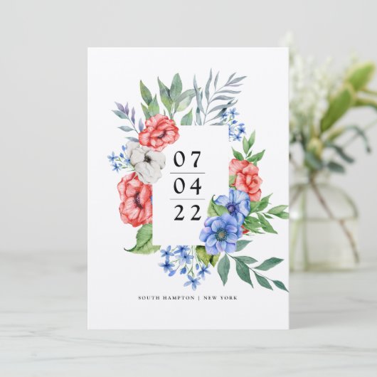 Rood wit en blauw | Floral Save the Date Invitati Kaart (Staand voorkant)