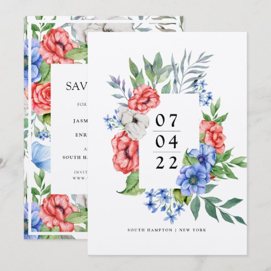 Rood wit en blauw | Floral Save the Date Invitati Kaart (Voorkant / Achterkant)