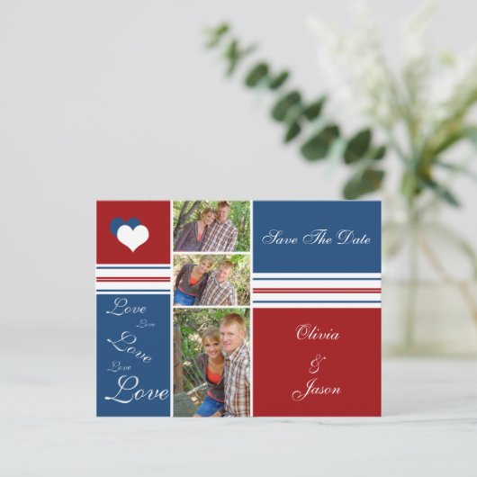 Rood wit en blauw foto vierkanten Bewaar de datum Aankondigingskaart (Staand voorkant)