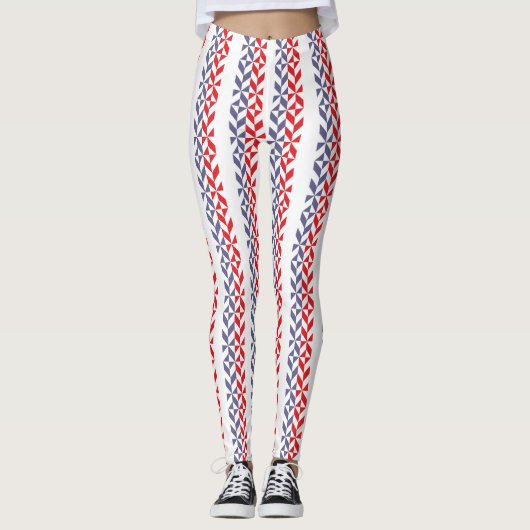 Rood wit en blauw Geometric ZigZag Leggings (Voorkant)