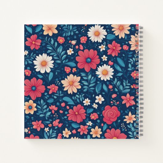 Rood Wit en Blauw Gestileerde Bloemen en Blauw Notitieboek (Achterkant)