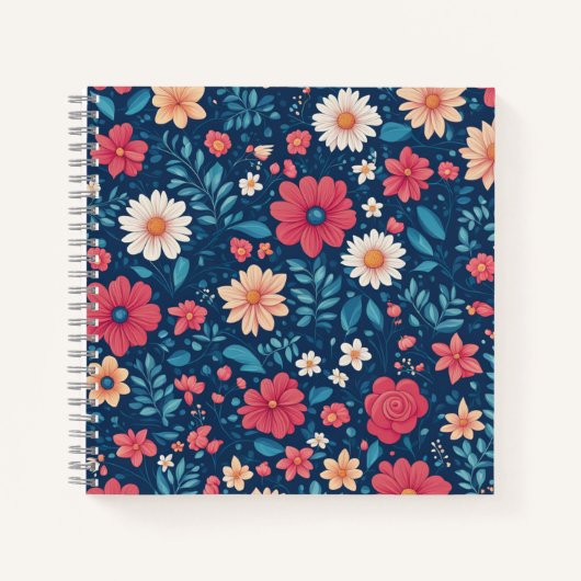 Rood Wit en Blauw Gestileerde Bloemen en Blauw Notitieboek (Voorkant)