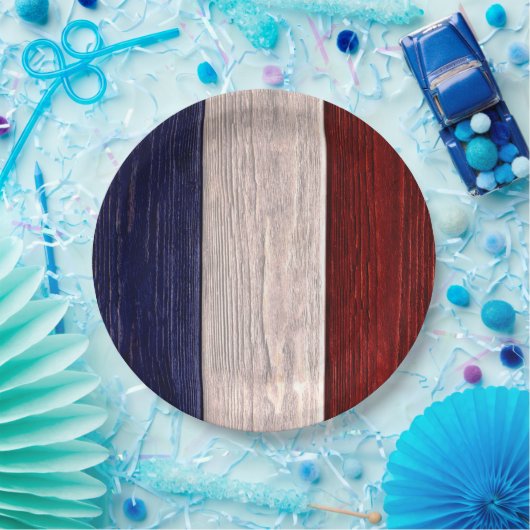 Rood, wit en blauw gestreept hout papieren bordje (Feest)