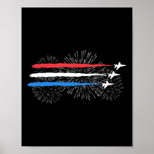 Rood wit en blauw gevechtsvliegtuigen met vuurwerk poster