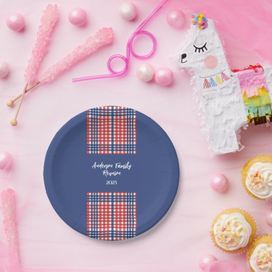 Rood, Wit en Blauw Gingham Familiereünie Papieren Bordje (Feest)