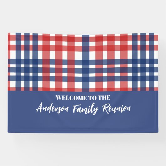 Rood, Wit en Blauw Gingham Familiereünie Spandoek (Horizontaal)