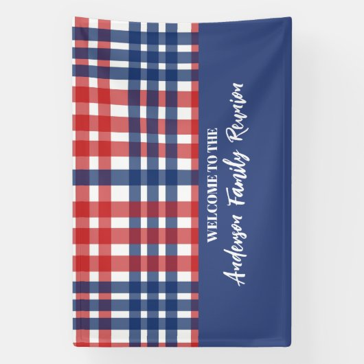 Rood, Wit en Blauw Gingham Familiereünie Spandoek (Verticaal)