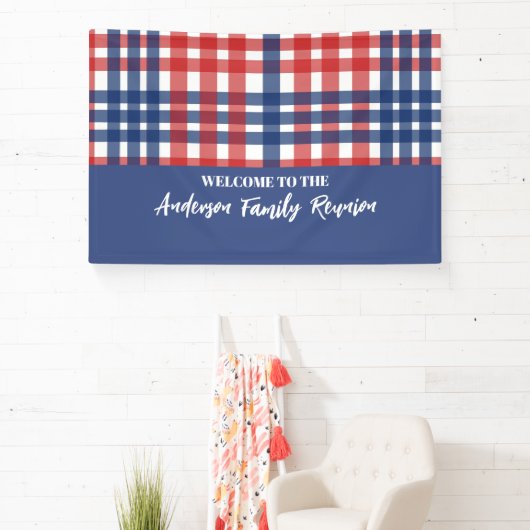 Rood, Wit en Blauw Gingham Familiereünie Spandoek (Insitu)