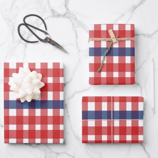 Rood Wit en Blauw Gingham Plaid Inpakpapier Vel (Voorkant)
