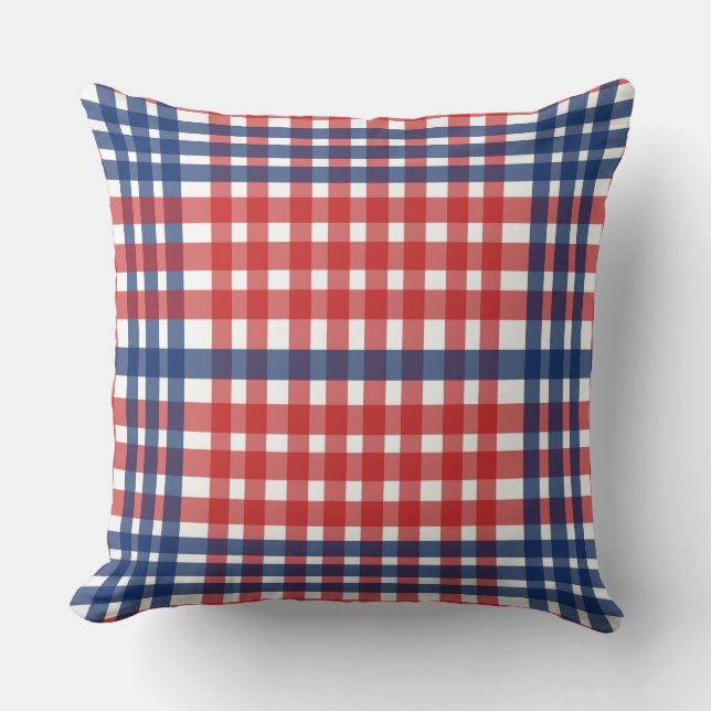 Rood Wit en Blauw Gingham Plaid Kussen (Voorkant)