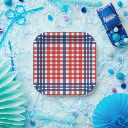 Rood Wit en Blauw Gingham Plaid Papieren Bordje (Feest)