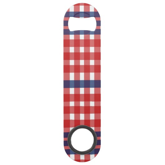 Rood Wit en Blauw Gingham Plaid Speed Flessenopener (Achterkant)