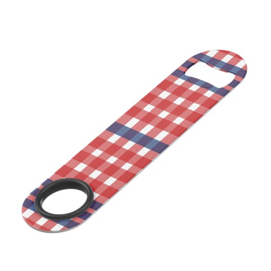 Rood Wit en Blauw Gingham Plaid Speed Flessenopener (Achterkant Gekanteld)