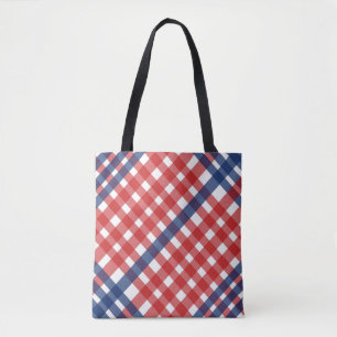 Rood, Wit en Blauw Gingham Plaid Tote Bag