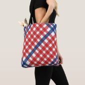 Rood, Wit en Blauw Gingham Plaid Tote Bag (Dichtbij)