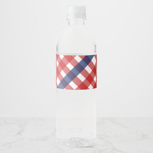 Rood Wit en Blauw Gingham Plaid Waterfles Etiket (Voorkant)