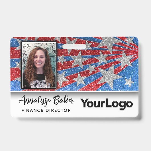 Rood Wit en Blauw Glitter USA Verkiezing Foto Naam Badge (Front)