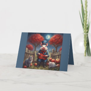 Rood wit en blauw Herfst appels en zwierige Varken Feestdagen Kaart